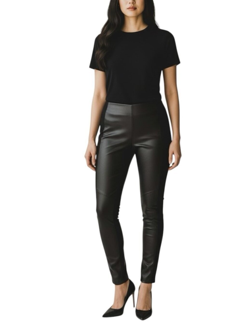 Christies A Porter Black Faux Leather Pants 10 US/46 IT Mixed Media Stretch NWT